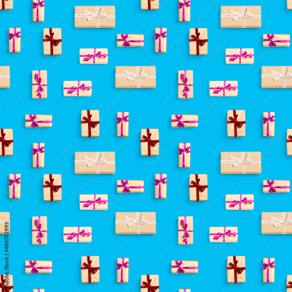 Seamless pattern made from gift boxes on blue background presents, gifts minimal concept seamless pattern. Abstract pattern for christmas birthday wedding Seamless pattern made from gift boxes on blue background presents, gifts minimal concept seamless pattern. Abstract pattern for christmas birthday wedding