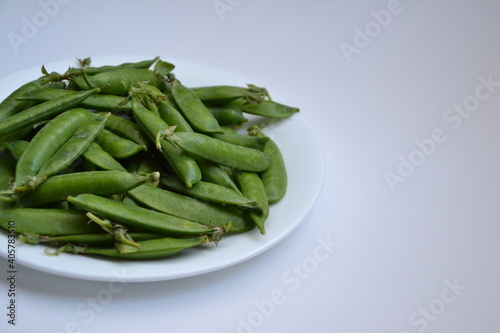 Green pea pods from farmland. Pea freshly picked. Organic spring pea pods. Fresh vegetables. Healthy eating. Country garden harvest.