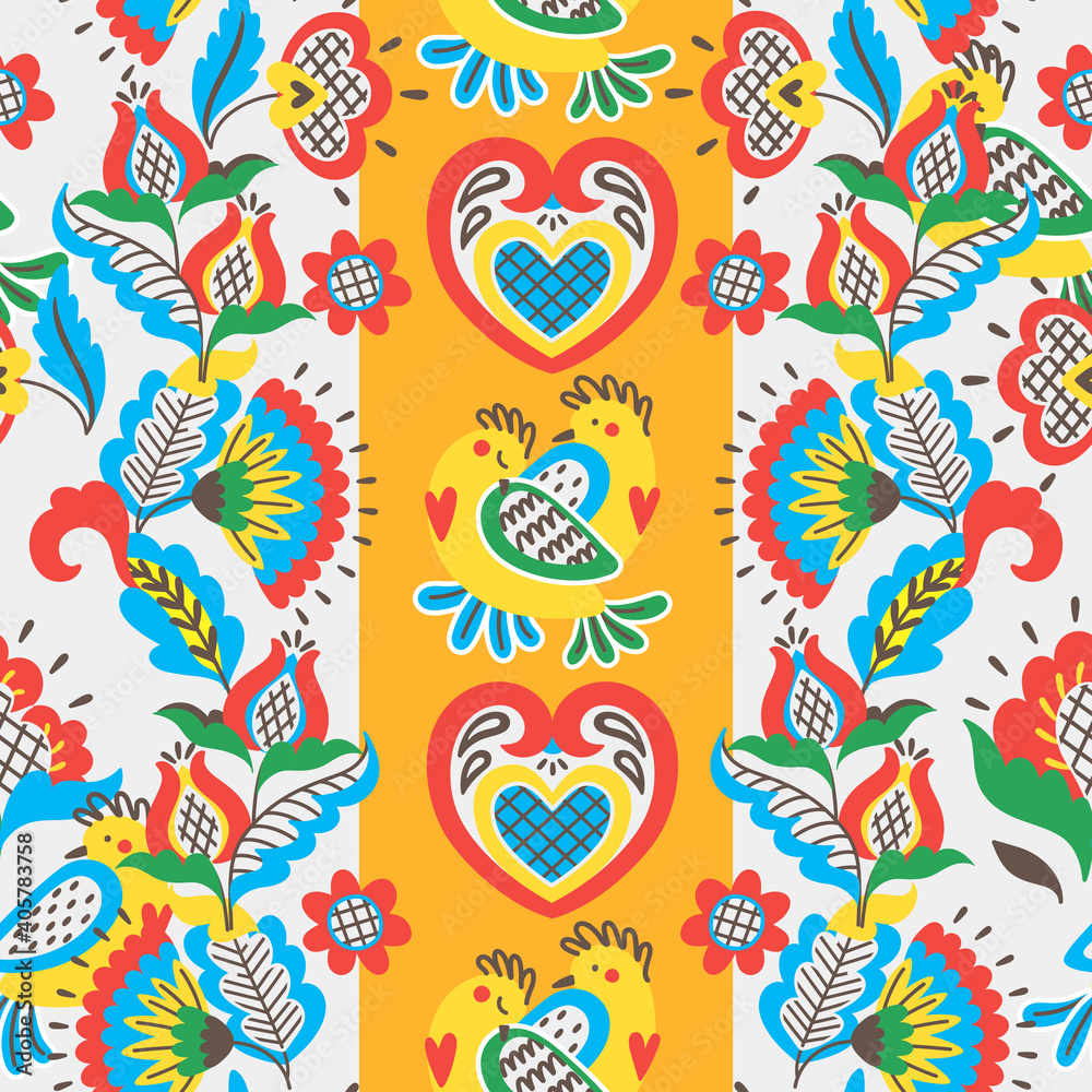 Vector seamless pattern with floral ornament in folk style. Great for textile prints, greeting cards, invitations. Vector EPS clip art design	
