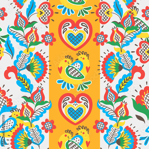 Vector seamless pattern with floral ornament in folk style. Great for textile prints, greeting cards, invitations. Vector EPS clip art design   © @nekoshki