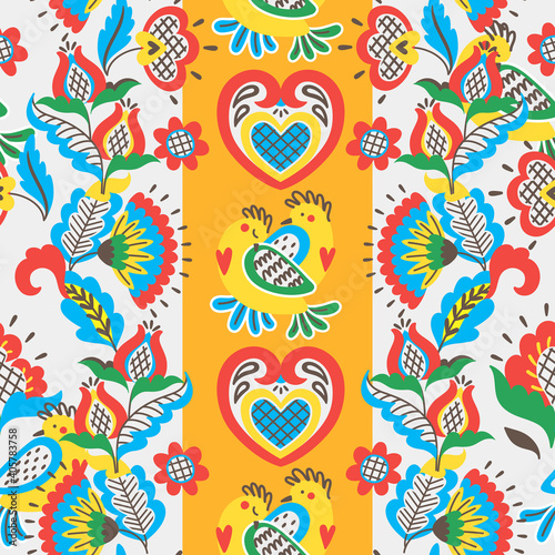 Vector seamless pattern with floral ornament in folk style. Great for textile prints, greeting cards, invitations. Vector EPS clip art design 