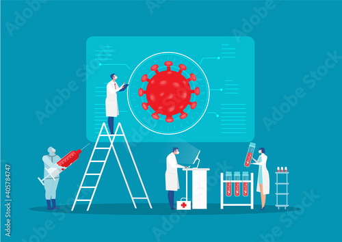Scientist character research infection at lab  Concept of influenza or Covid-19 coronavirus vaccination or research. Flat vector illustration