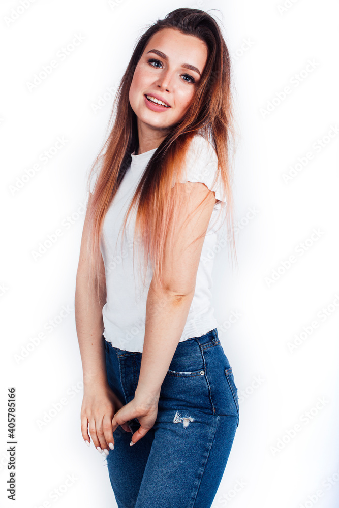 young blond woman on white backgroung gesture thumbs up, isolated emotional posing