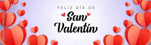 Feliz dia de San Valentin spanish text - Happy Valentines Day. Vector symbols of love in shape background with red paper heart for Happy Valentine's, Women's, Mother's Day, special offer design