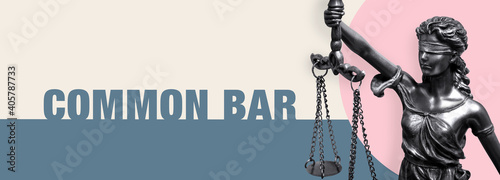 Common Bar. Close-up of a Lady Justice statue. Law and lawyer symbol. Figure stands in front of paper with text.