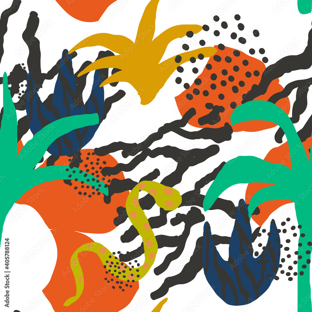 Naklejka premium Bright Jungle Animal and Floral Deciduous Vector
