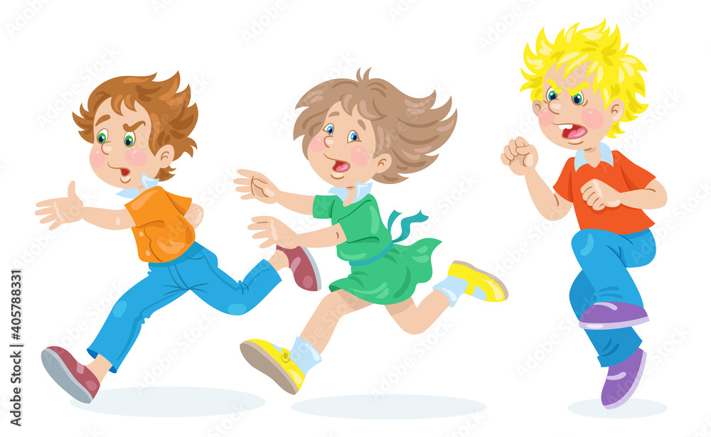 Children and emotions. Scared kids run away from the angry boy. In cartoon style. Isolated on white background. Vector flat illustration.