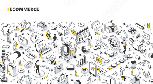 Business, e-commerce, and online shopping isometric banner. Abstract concept of searching  & purchasing items via the internet photo