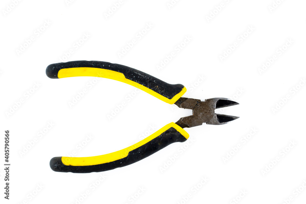 Wire cutters black yellow, cut out on white background. Tools series. Wire cutters black yellow, cut out on white background. Tools series.