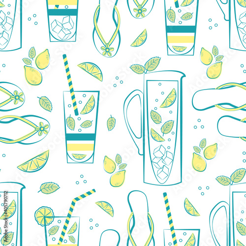 Mint lemonade pitcher, glass, flip flop vector seamless pattern background. Blue, yellow, green white backdrop with jugs, drinks glasses, citrus fruit, minty leaves, sandals. Repeat for beach party