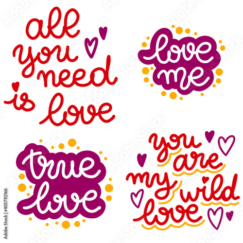 Set of lettering about love. Valentines Day. Vector illustration