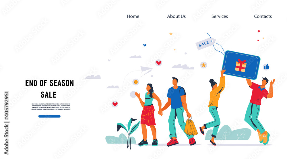 End of season sale website template with people characters, flat vector illustration. Advertising promotion web page design for seasonal sale events.