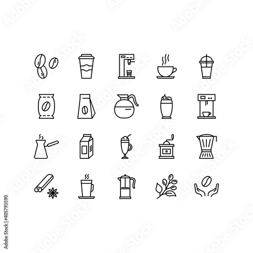Coffee line icon set. Contains such Icons as beans, hot cocktail and coffee maker machine, espresso cup, cappuccino line icons. Editable Stroke