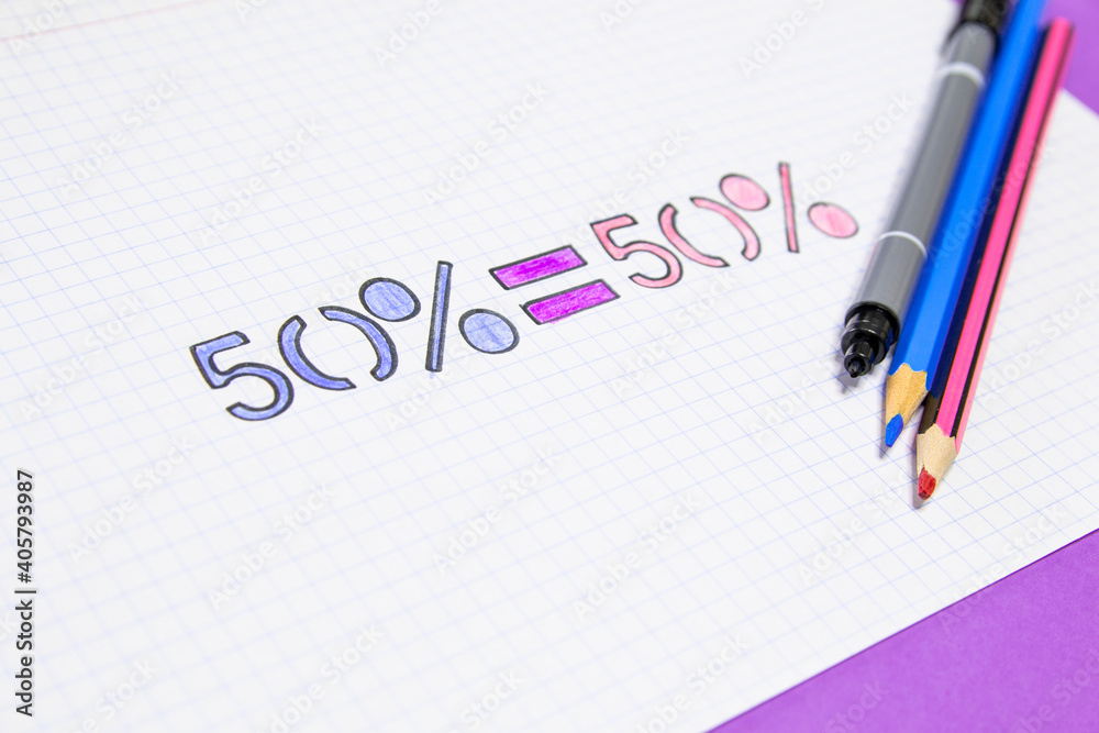 Overhead shot of a notebook with 50% drawn in different colors. Gender equality concept. Overhead shot of a notebook with 50% drawn in different colors. Gender equality concept.