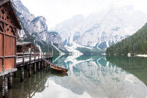 the boat is at the pier, Italy lake Braies