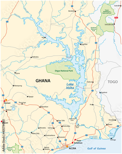 Vector map of the largest reservoir in the world Lake Volta  Ghana