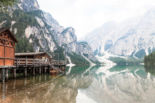 the boat is at the pier, Italy lake Braies