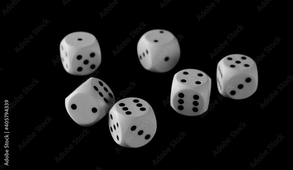 White gambling dice pile, die set for tabletop games and poker isolated on black background with clipping path White gambling dice pile, die set for tabletop games and poker isolated on black background with clipping path