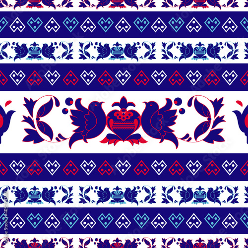 Vector Seamless Traditional European, Folk Pattern With Decorative Elements - Ornamental Hearts, Little Birds inspired by Traditional Pattern from Famous Small Village - Cicmany  located on Slovakia