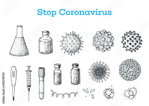 Coronavirus vaccine vector set. Corona virus. Coronavirus 2019-nCoV. Illustrations with syringe injection tools, vaccine bottle, and different viruses. Vintage medical sketches