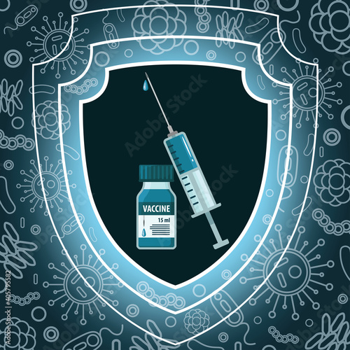 A bottle with a vaccine and a syringe on a shield on a dark background with various bacteria and viruses. Concept of protection against infection and spread of the disease pandemic. 