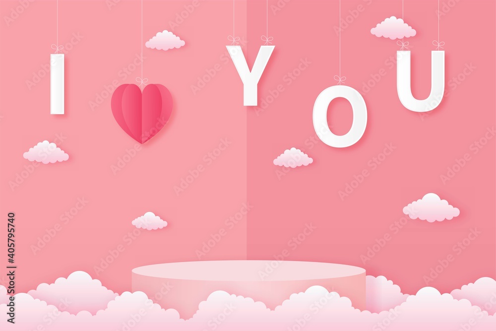 paper cut happy valentine's day concept. landscape with text I LOVE YOU and heart shape and geometry shape podium on pink sky background paper art style. vector illustration. 