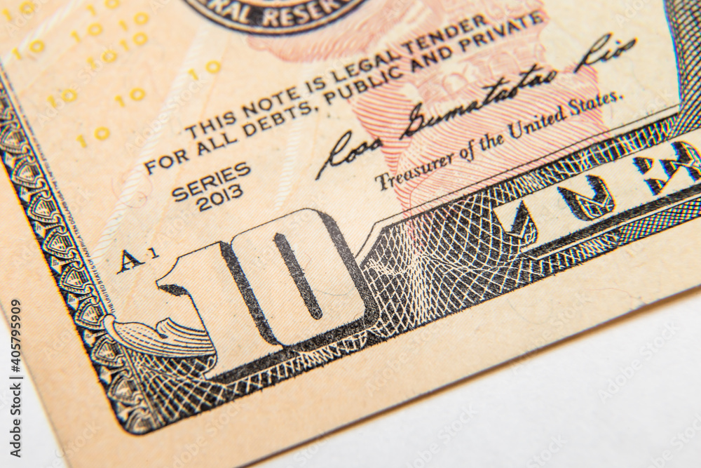American 10 dollar bill macro shot. American money. American 10 dollar bill macro shot. American money.