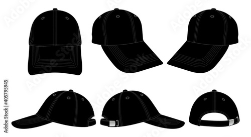 Blank black baseball cap with adjustable metal buckle strap for template on gray background, vector file