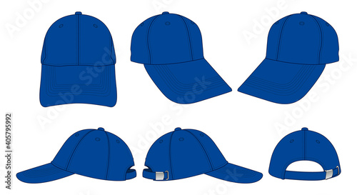 Blank blue baseball cap with adjustable metal buckle strap closure template on white background, vector file.