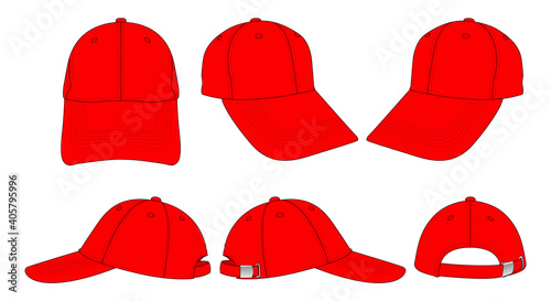 Blank red baseball cap with adjustable metal buckle strap closure template on white background, vector file.