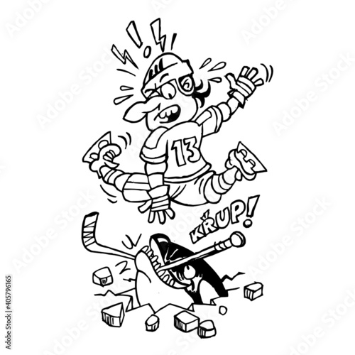 Hockey player attacked by killer whale jumps in the air to save himself and the fish breaks his hockey stick, winter sport, black and white cartoon