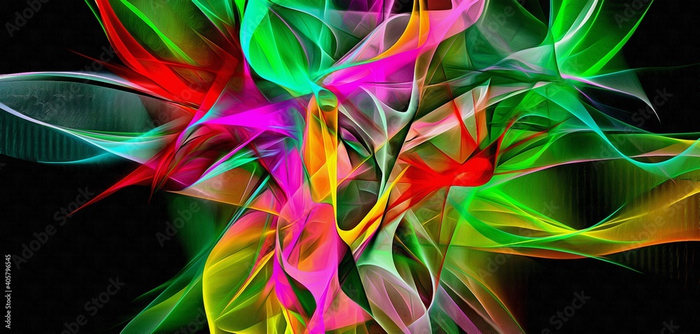 Abstract electrifying lines, smoky fractal pattern, digital illustration art work of rendering chaotic dark background.