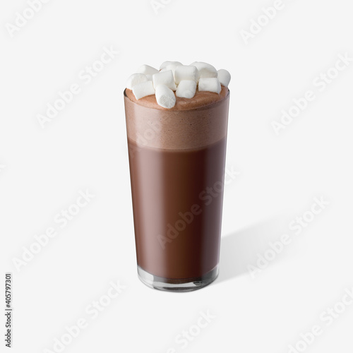 cacao with marshmallow in glass on white background