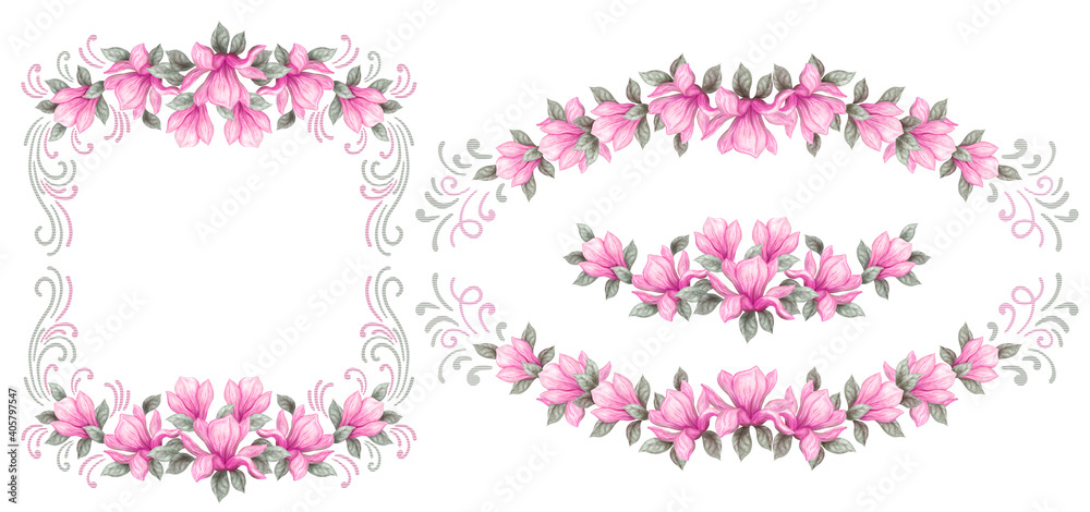 Set floral spring frame. Hand drawn painting watercolor pencils and paints pink magnolia flowers isolated on white. Wedding frame.