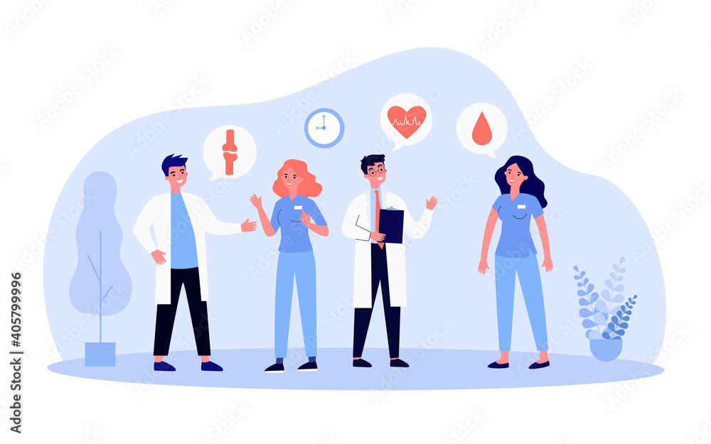 Medical staff discussing disease. Consulting, doctors, nurses, speech bubble. Flat vector illustration. Medicine, cooperation, professional talk concept for banner, website design or landing web page Medical staff discussing disease. Consulting, doctors, nurses, speech bubble. Flat vector illustration. Medicine, cooperation, professional talk concept for banner, website design or landing web page