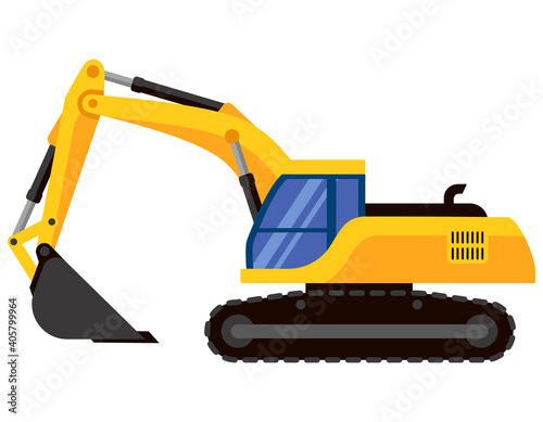Excavator side view. Special machinery in cartoon style.