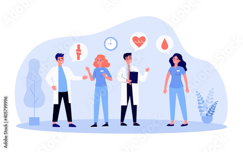 Medical staff discussing disease. Consulting, doctors, nurses, speech bubble. Flat vector illustration. Medicine, cooperation, professional talk concept for banner, website design or landing web page