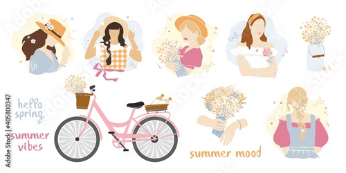 Summer set with silhouettes of girls in sundresses, bouquets of daisies, bicycles isolated on white. Contemporary portraits with women in abstract pastel style. Seasons lettering. Vector illustration