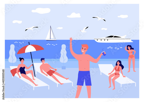 Happy young people relaxing on beach at sea. Drinking cocktails, getting tan, yacht. Flat vector illustration. Recreation, summer activity, party concept for banner, website design or landing web page