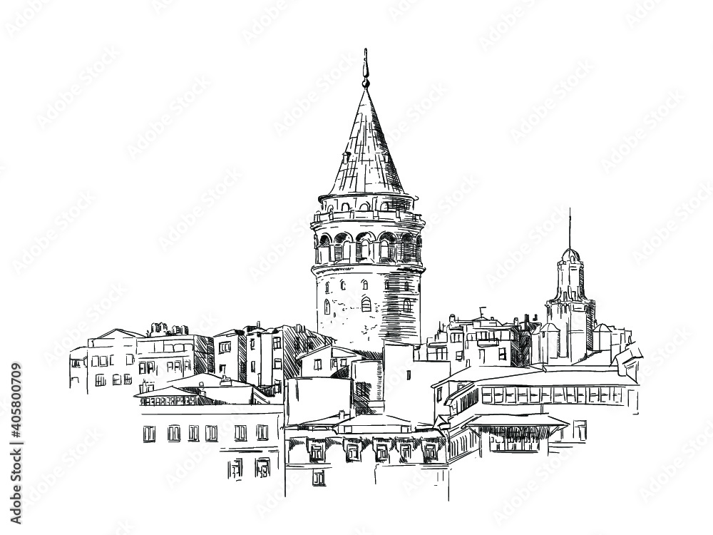Galata Tower landscape sketch, drawing, Istanbul