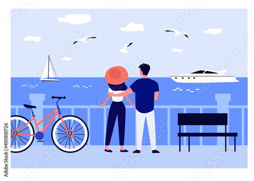 Couple enjoying vacation. Man and woman walking on promenade at sea. Flat vector illustration. Leisure, seaside, holiday concept for banner, website design or landing web page