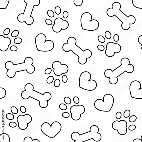 Pet dog footprints heart and bone black outline on a white background seamless pattern. Design for pet supplies, textiles, packaging. Stock vector illustration. 