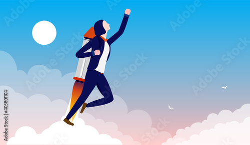 Career woman with jetpack flying to the sky. Metaphor for ambitious and successful female business person. Vector illustration.