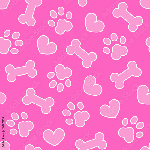 Pet dog footprint bone and heart on pink background seamless pattern. Design for pet supplies, clothing, packaging. Stock vector illustration.