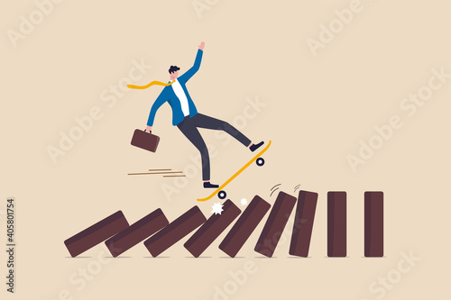 Business disruption, new disruptive innovation change, transform business and disrupt existing competitor company concept, smart innovative businessman surf fast skateboard hit all dominos collapse.