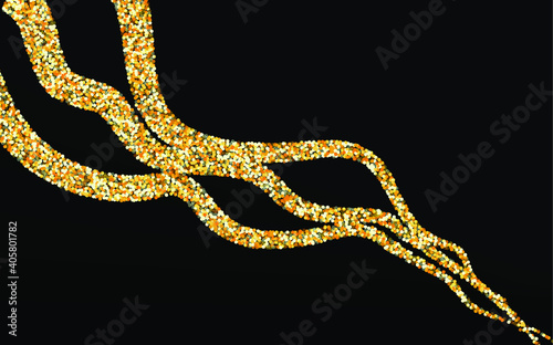 Gold Confetti Bright Black Background. Anniversary Dust Pattern. Golden Shine Falling Invitation. Glow Vector Banner.