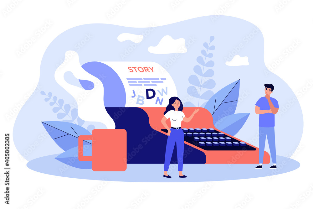 Creative tiny writers writing chapter of book isolated flat vector illustration. Cartoon poetry or novel authors imagination thinking on ideas. Literature and imagination concept Creative tiny writers writing chapter of book isolated flat vector illustration. Cartoon poetry or novel authors imagination thinking on ideas. Literature and imagination concept