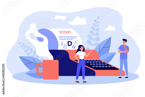 Creative tiny writers writing chapter of book isolated flat vector illustration. Cartoon poetry or novel authors imagination thinking on ideas. Literature and imagination concept