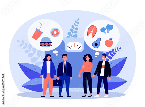 Happy people eating healthy food. Junk food lovers suffering from overweight. Flat vector illustration. Lifestyle, nutrition, healthcare concept for banner, website design or landing web page