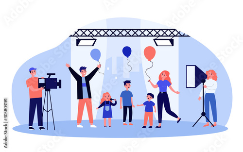 Kids talent show on TV. Singing children, camera crew, cameraman in studio. Flat vector illustration. Entertainment, broadcasting concept for banner, website design or landing web page
